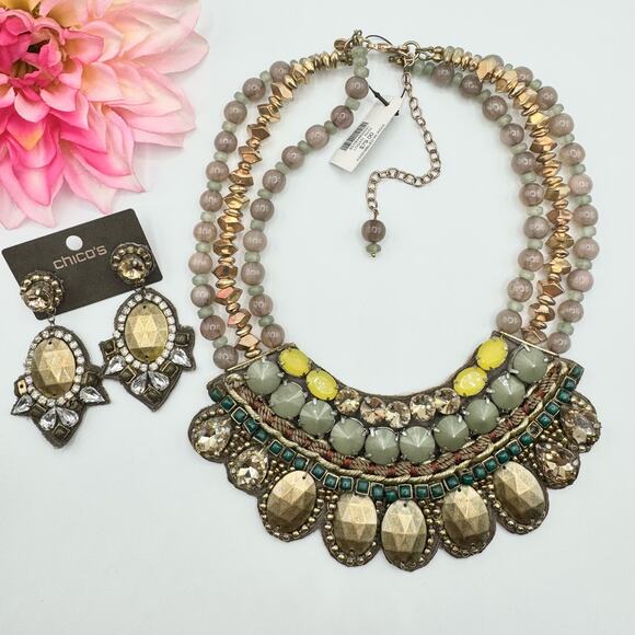 Chico’s Logan Bib Necklace Matching Earrings Boho Green Gold Tone New With Tags